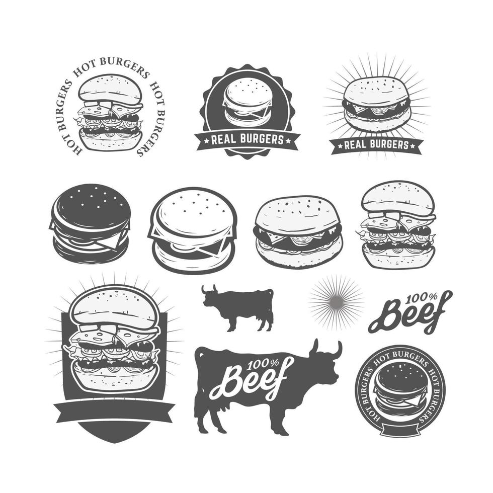 satz von logo, etiketten, aufklebern und logoelementen für fast-food-restaurants, cafés, hamburger und burger. Vektor-Illustration. vektor