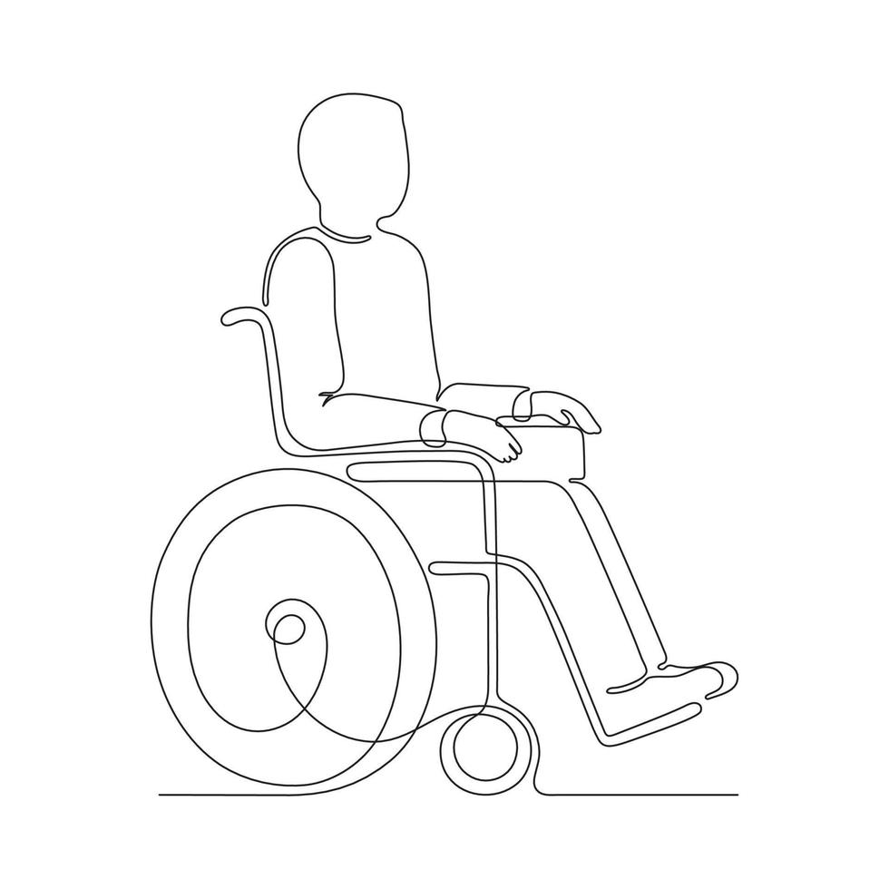Inaktiverad person på rullstol översikt, kontinuerlig ett konst linje teckning. vård och bistånd i rör på sig gammal eller skadade patient. enda hand ritade, klotter. stol för handikapp transport. vektor