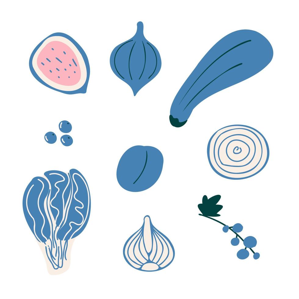 abstrakt enkel blå frukt och grönsaker uppsättning, vegeterian mat samling. färsk klotter barn plommon, skivad fikon, äggplanta, bär, lök, kinesisk kål friska meny affisch mönster vektor illustration