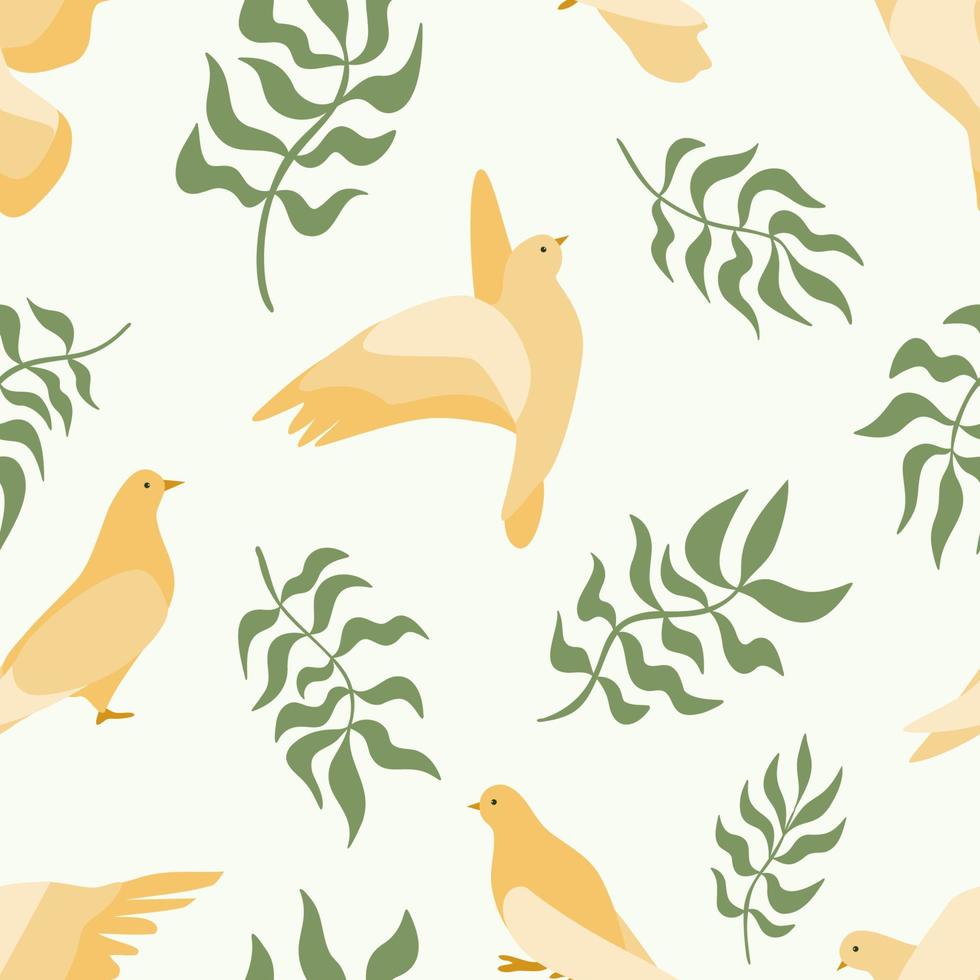 sömlös mönster med platt abstrakt duvor och grön oliv bruncher, fred och kärlek symbol fåglar i annorlunda poserar, flygande duvor och vågig löv bakgrund för textil, papper vektor illustration
