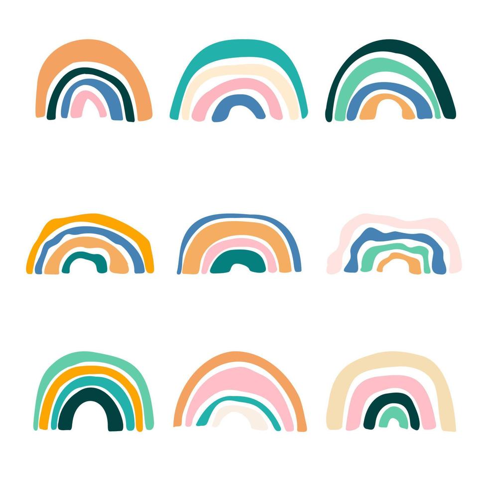 skandinavische boho einfache abstrakte regenbögen in modernen farben. handgezeichnete kinderstilelemente für kinderzimmerdekoration, babyzubehör, partyplakat, einladung, postkartentextilvektorillustration vektor