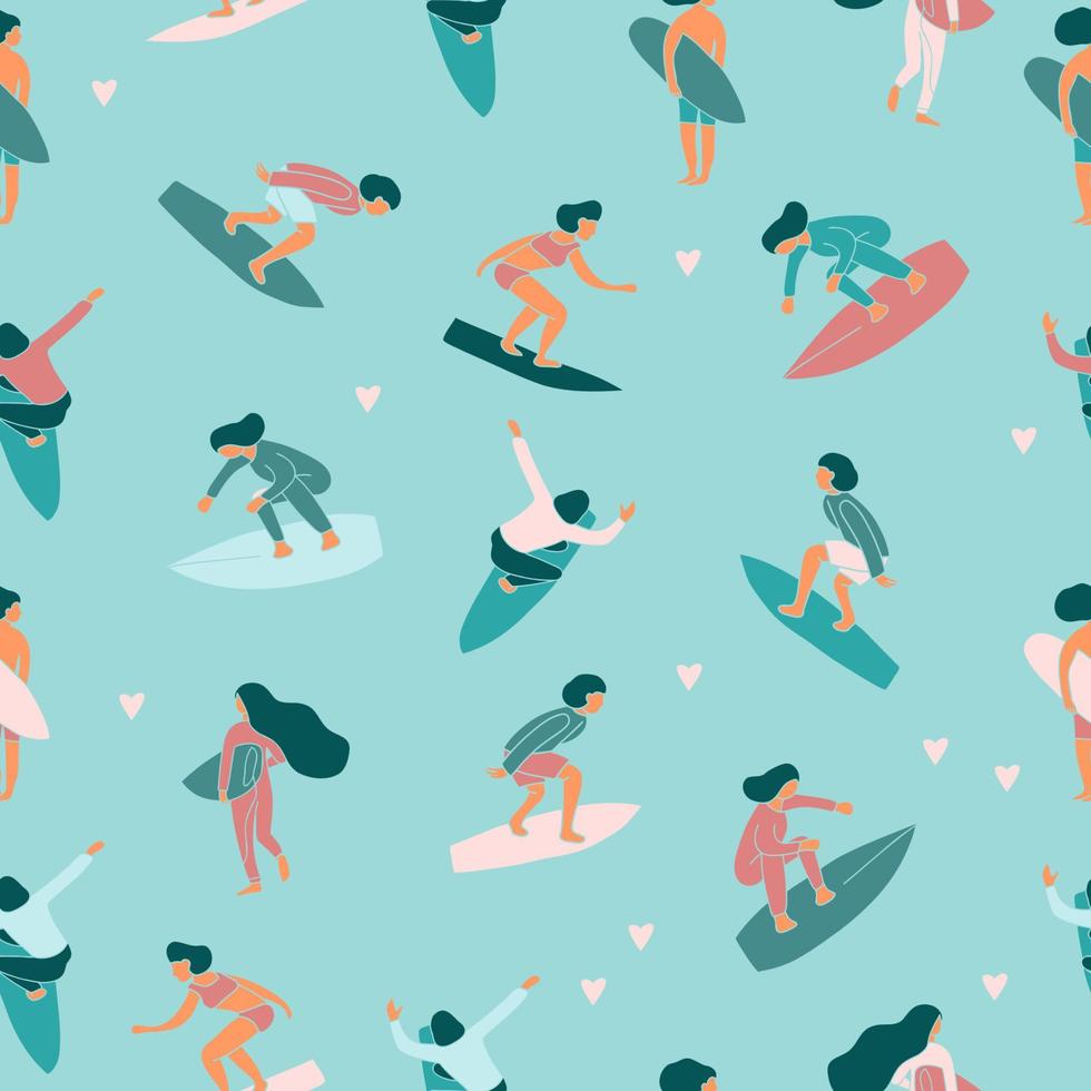 surfermädchen und -jungen mit nahtlosem muster der surfbretter, abstrakten wellenreitern und hintergrund der sommeraktivitäten. strandsport, miami-ozeansurfer für abdeckungstextilgewebetapeten-vektorillustration vektor