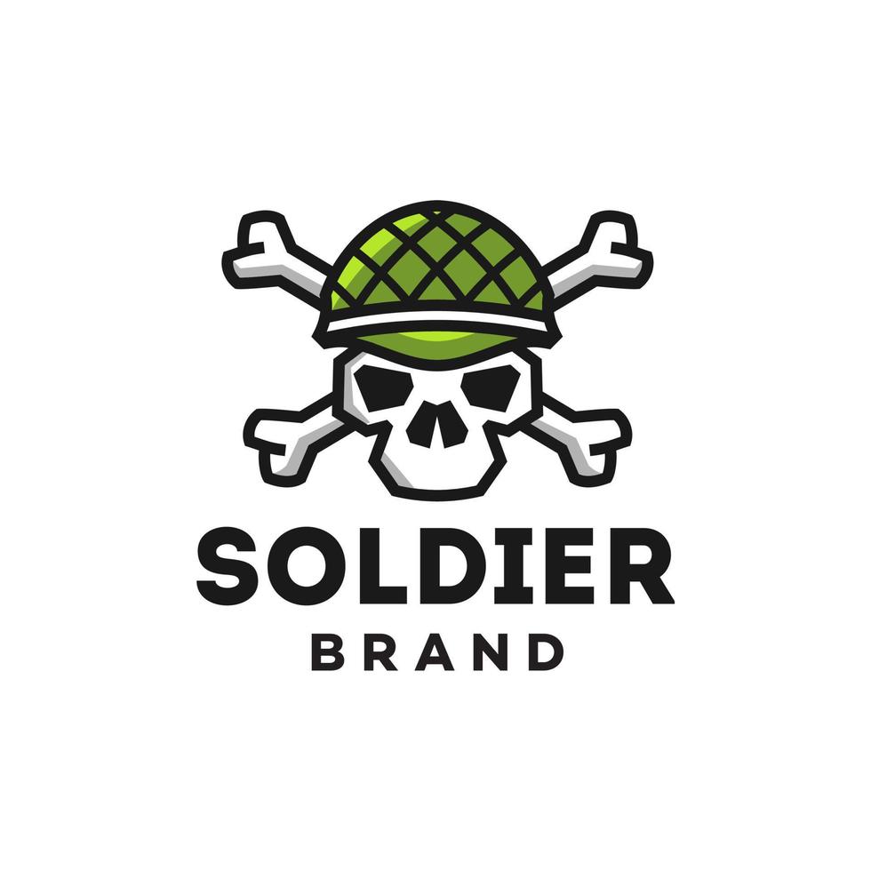 soldatenschädel im militärhelm mit gekreuzten knochenlogodesignkarikaturmaskottchenikone. gestaltungselement für logo, etikett, zeichen, emblem. Vektor-Illustration vektor