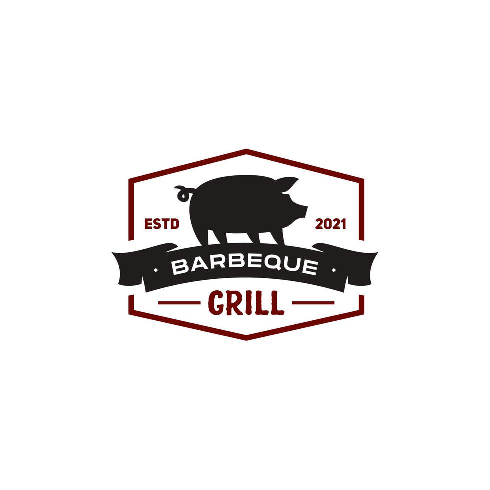 Vintage Retro Schweinefleisch Grill Abzeichen, Grillparty, Grilletikett Stempel Logo Design Vektor Einladung, mit Feuerflammendesign