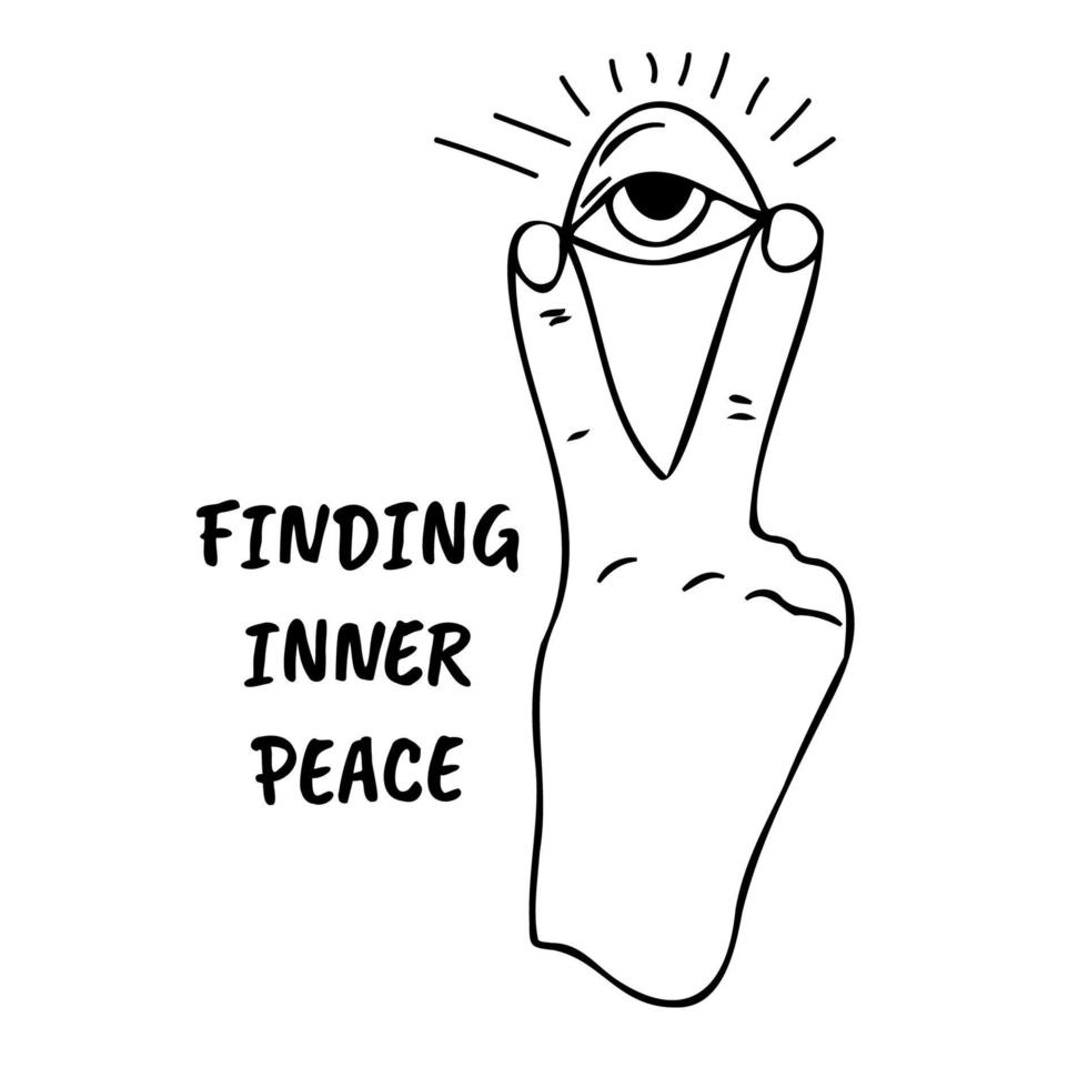 två fingrar upp med Allt seende magi öga seger och fred gest symbol. hand dragen skiss motivering manus upptäckt inre fred skriva ut kort vektor illustration