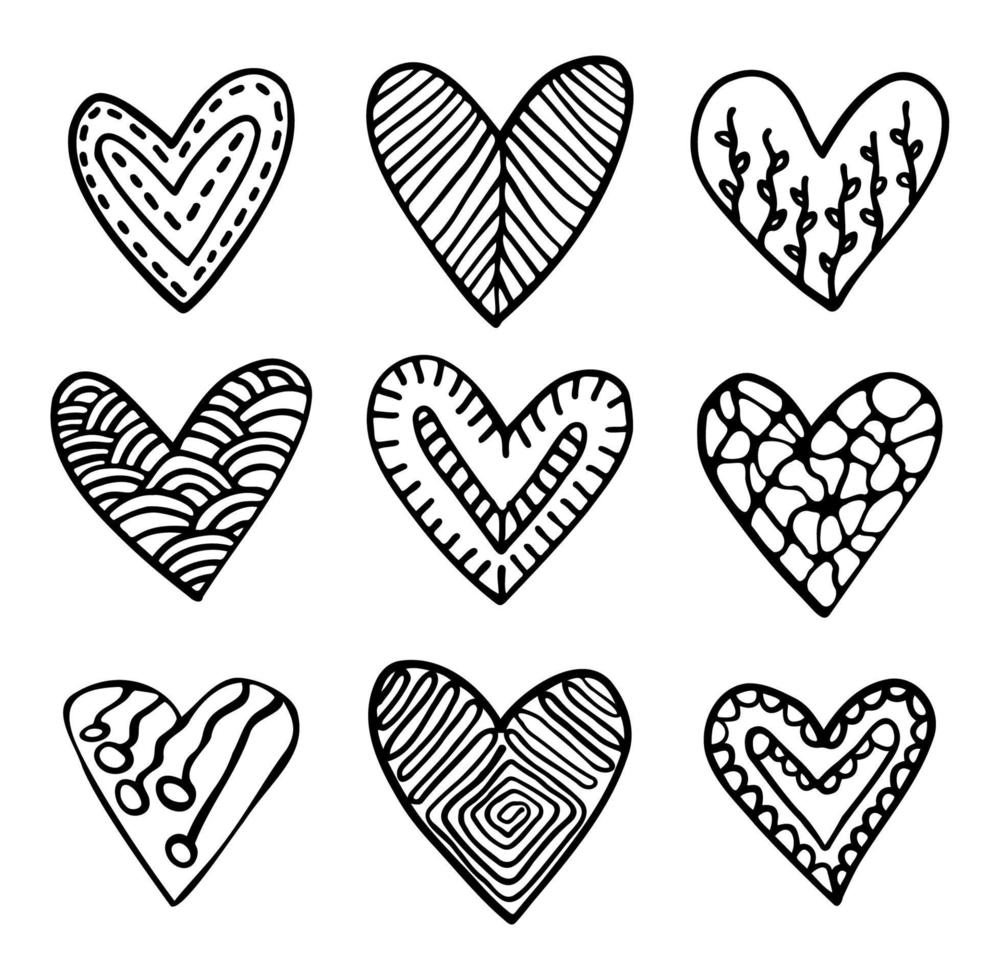 uppsättning av klotter hjärtan med mönster inuti bläck hand dragen skiss vektor illustration för kort helgdagar kärlek valentine design.