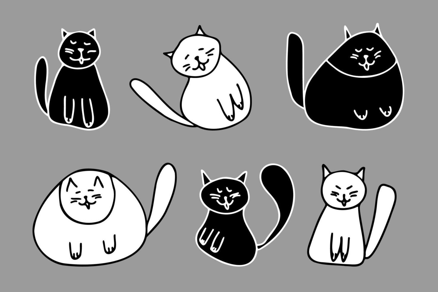 lustige plumpy schwarz-weiße Katzen-Set. vektorillustration von niedlichen handgezeichneten katzen. kitty maskottchen isoliert für kartenkinderdesign vektor