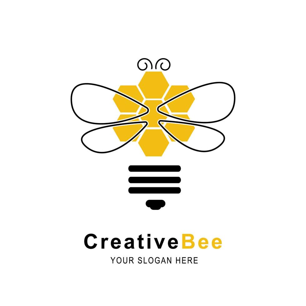 Bienenlogo-Sechseck mit Glühbirnenform. kreative ideen für bienenlogo. einfache Symbole für Bienenvektorillustration vektor