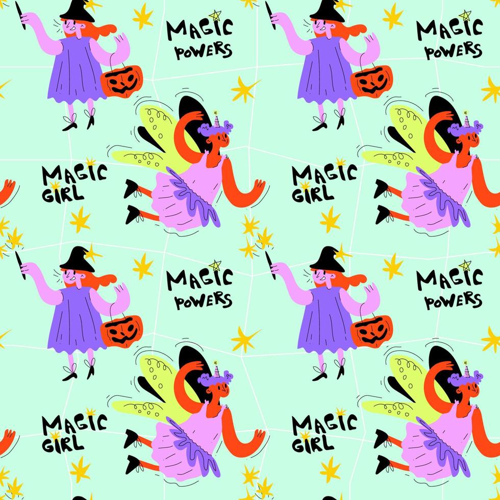 ein freudloses Muster von Mädchen in einem Hexen- und Feenkostüm für Halloween vektor