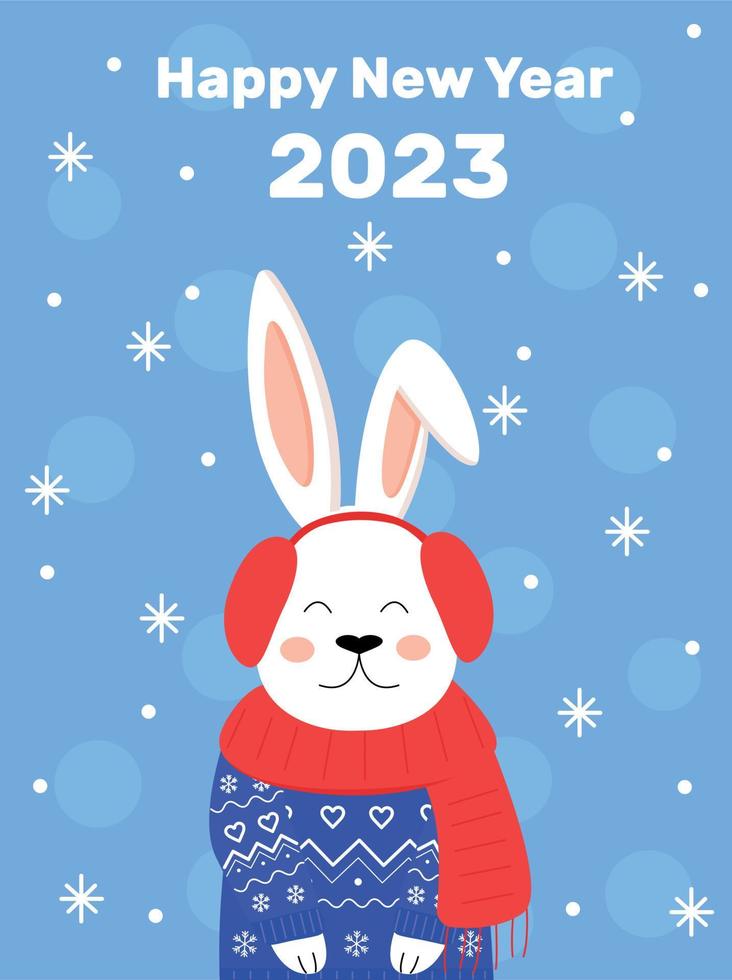 kinesisk ny år 2023, år av de kanin. leksak söt kanin i en ny år Tröja och hatt med hörlurar mot de bakgrund av snöflingor. glad jul. ny år högtider vektor
