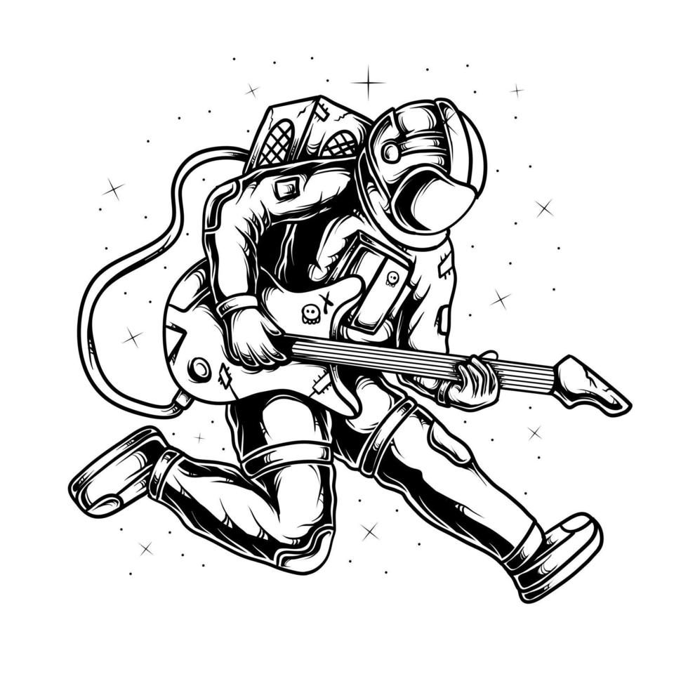 illustration des astronauten, der gitarre im weltraum-farbcharakter spielt vektor