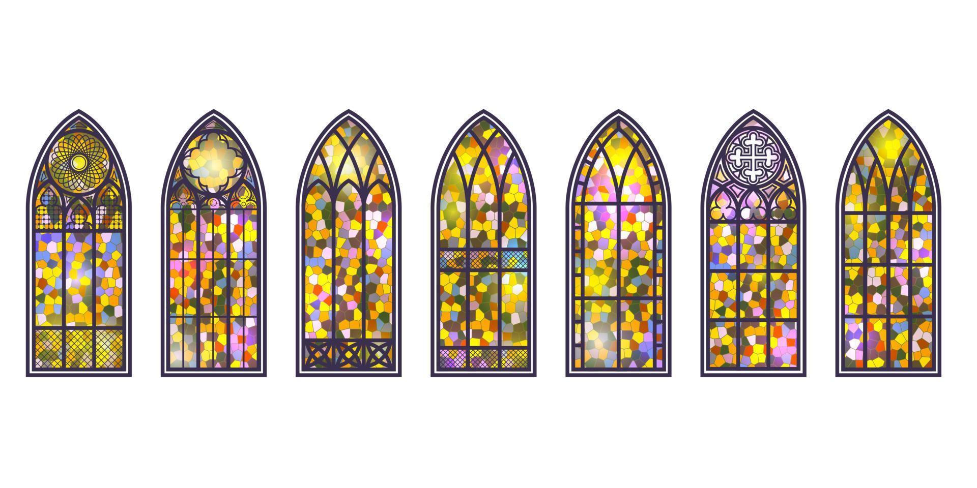 gotische Fenster eingestellt. Vintage Kirchenfenster aus Buntglas. Element der traditionellen europäischen Architektur. Vektor