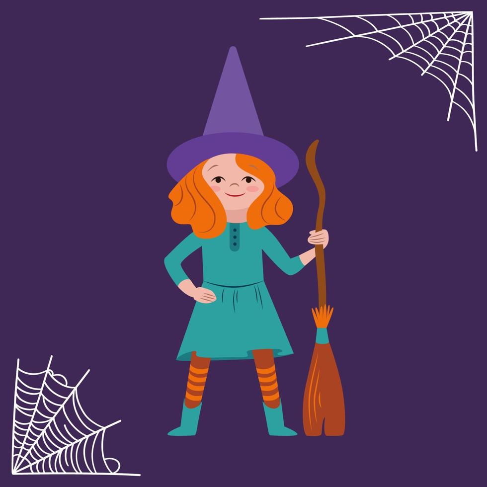 Halloween-Kind kleine Hexe-Vektor-Illustration. Mädchenkind im Halloween-Kostüm auf dunklem Hintergrund vektor