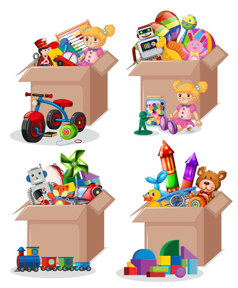 uppsättning lådor fulla av leksaker vektor