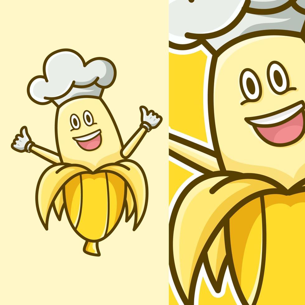 Bananenlogo-Vektordesign mit Kochmütze. kochbananenillustrationsmaskottchen vektor