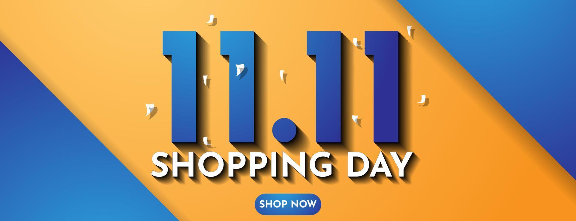 11.11 Shopping Day Banner Hintergrunddesign in blauer und oranger Farbe vektor