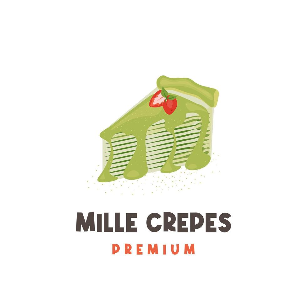 Grünes Mille Crêpes-Vektorillustrationslogo mit Matcha-Geschmack und geschmolzener Sahne vektor