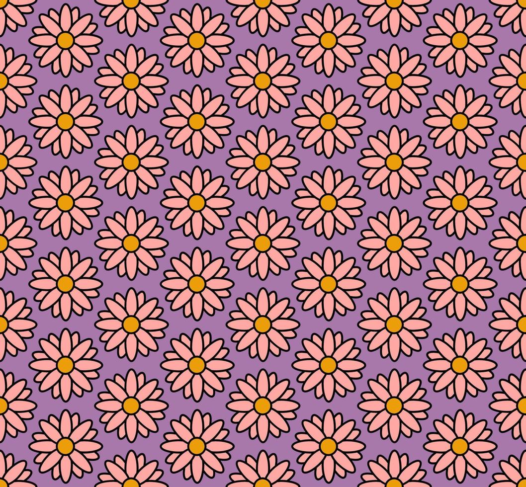 häftig bakgrund. sömlös ljus upprepa mönster av enkel blomning blommor i 1970-talet psychedelic hippie stil. grafisk dekor prydnad i retro design. vektor illustration