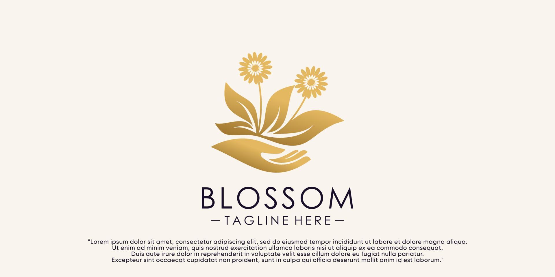 kreativ blommig blomma logotyp design mall med hand och blad element premie vektor