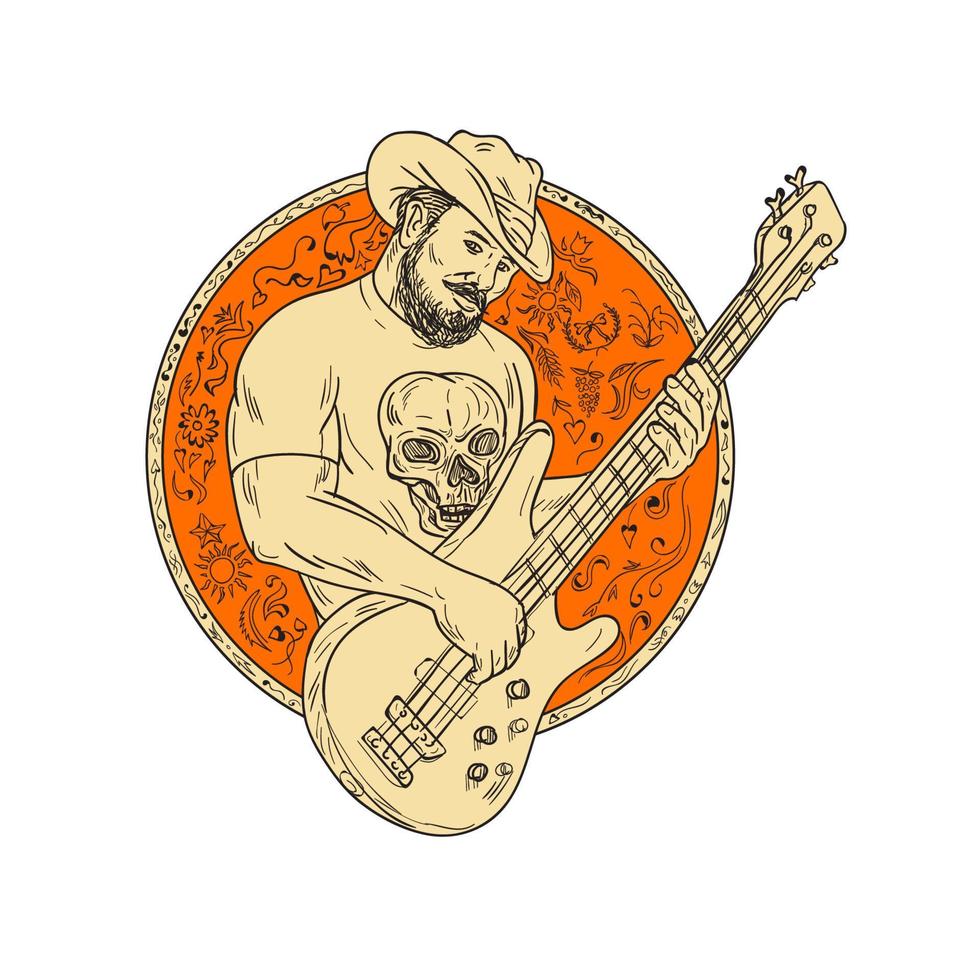 cowboy spelar bas gitarr cirkel teckning vektor