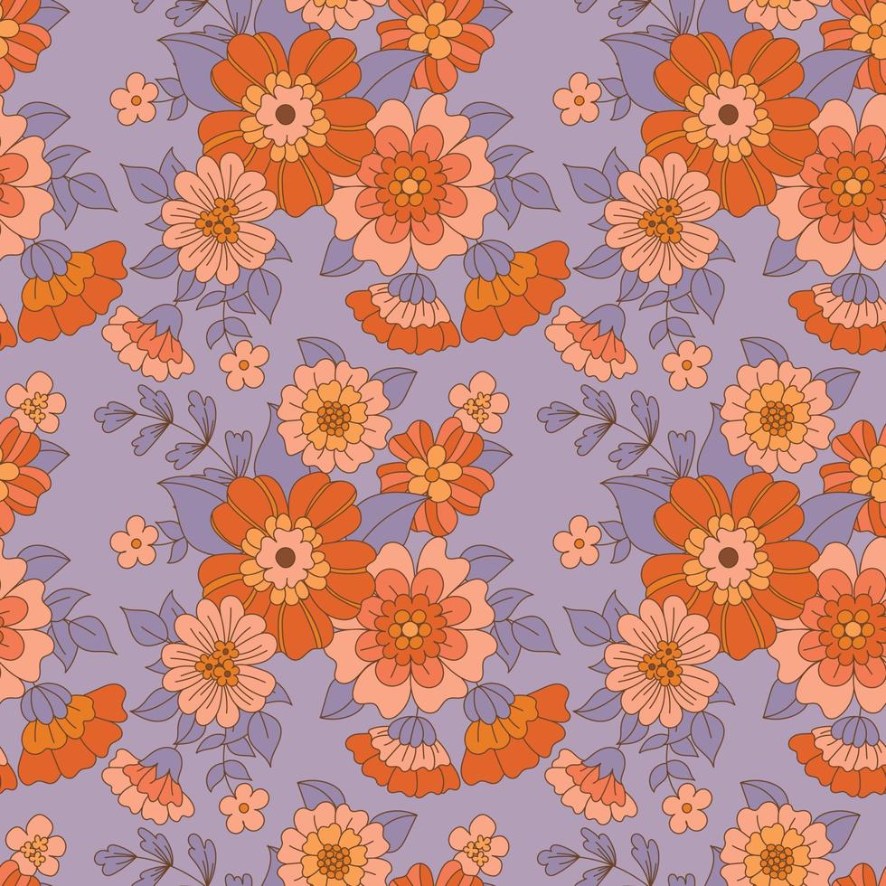 70er Jahre grooviges nahtloses Blumenmuster mit violettem Hintergrund und lila Blättern. Boho-Chic. Vintage Herbstdesign im Retro-Stil. Hippies Blumenvektorkunstillustration. vektor