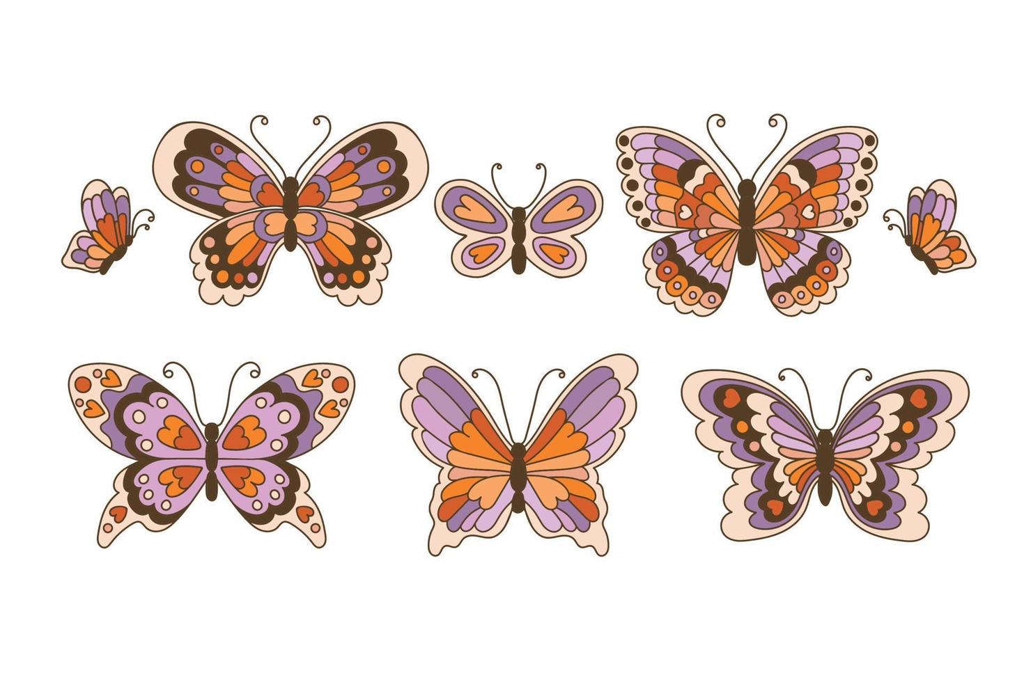 retro 60er 70er hippie sommer groovy schmetterling set element handgezeichnete vektorillustration. vektor