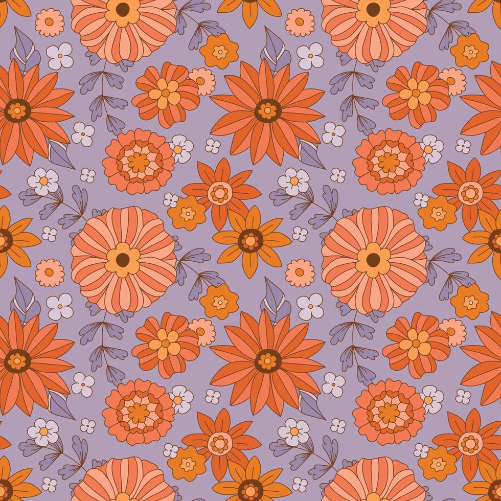 70er Blumenhintergrund, nahtloses Muster der groovigen Blume. Hippie-Ästhetik, Vintage-Stil, Herbstfarben. Sonnenblumen und Dahlien mit lila Blättern. Retro-Textildesign, Vektorillustration. Boho-Chic vektor