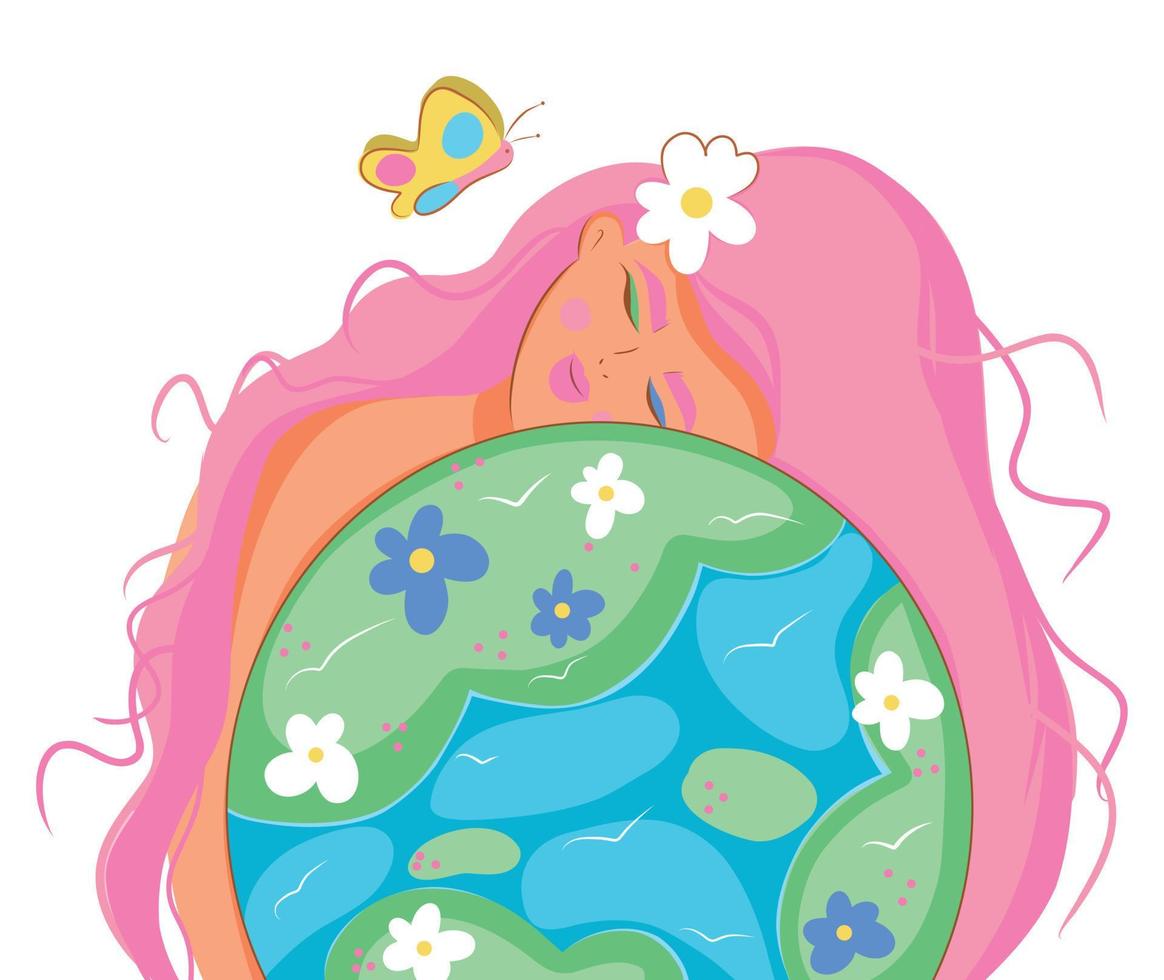 vektor illustration anbud flicka med rosa hår kramar planet jord klot med kärlek och glädje planet dag jord dag ekologi