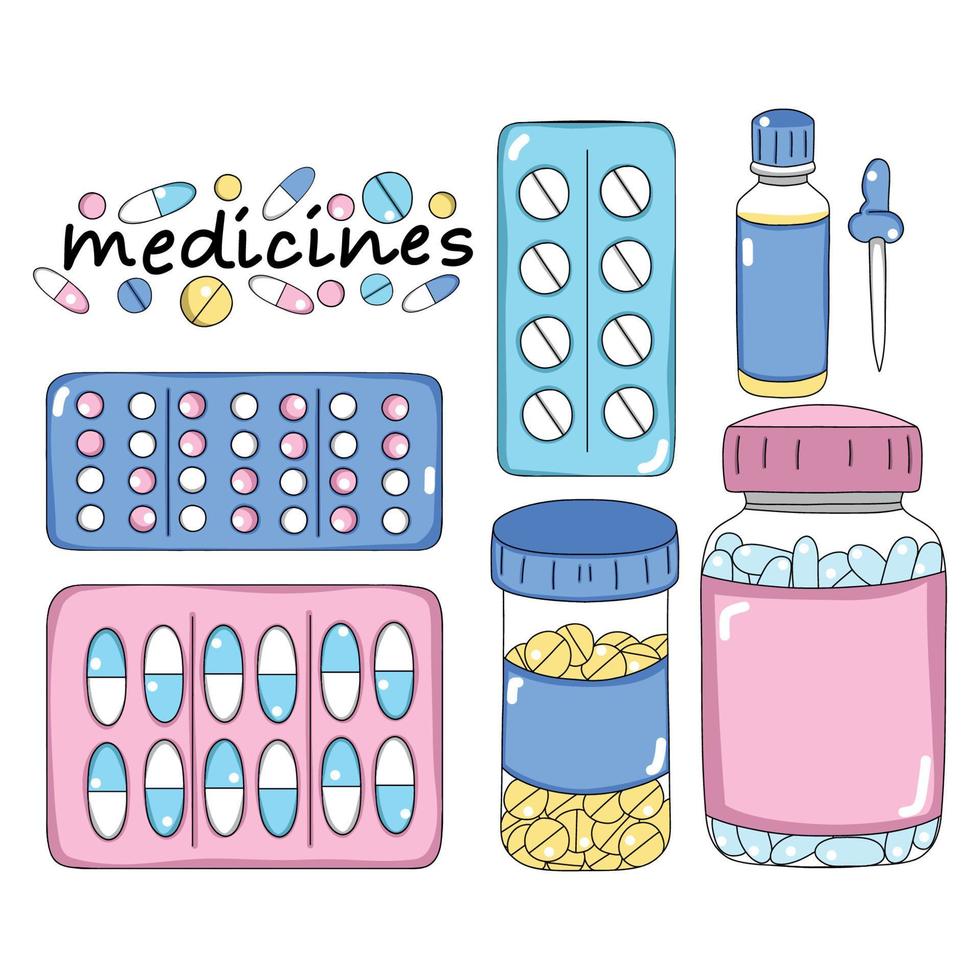 vektor uppsättning medicin piller mextura pipett medicin, apotek, sjukhus medicin uppsättning med etiketter ikoner klistermärken farmaci begrepp