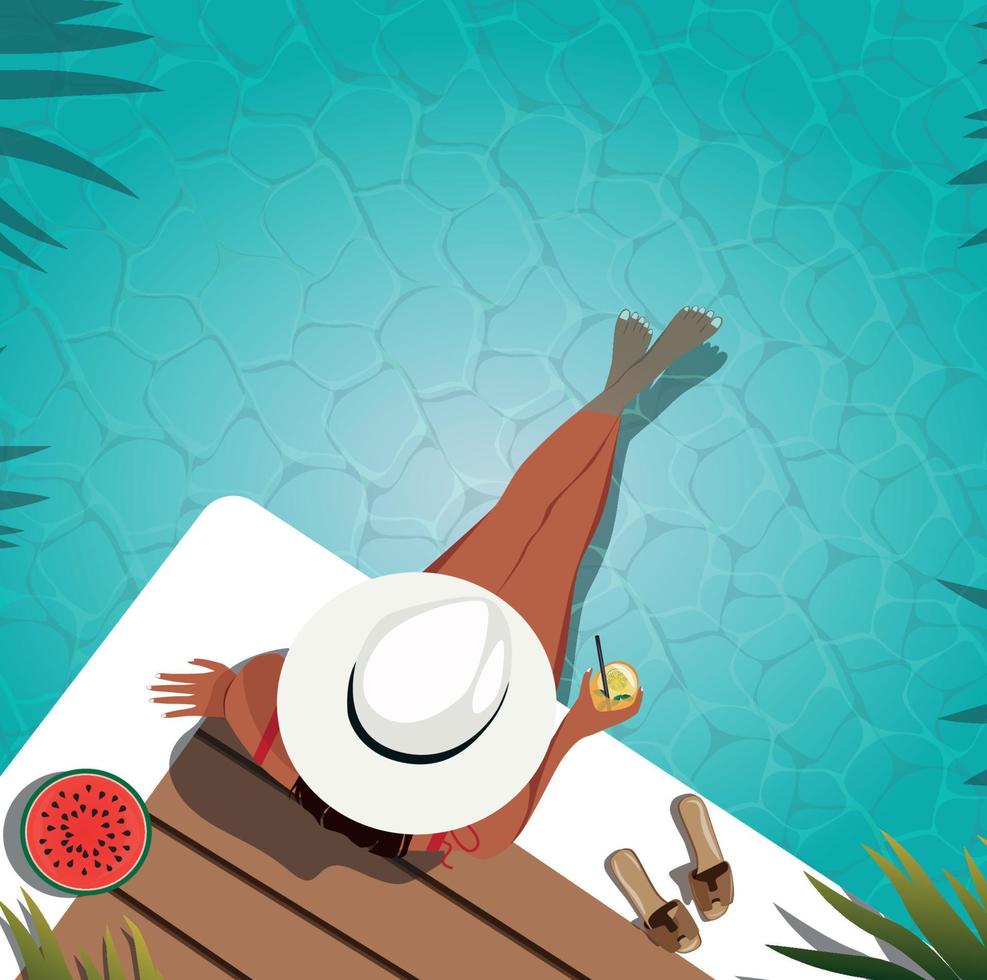 digital illustration flicka med hatt vilar på semester simmar och sola i de slå samman äter vattenmelon och dricka cocktail juice vektor