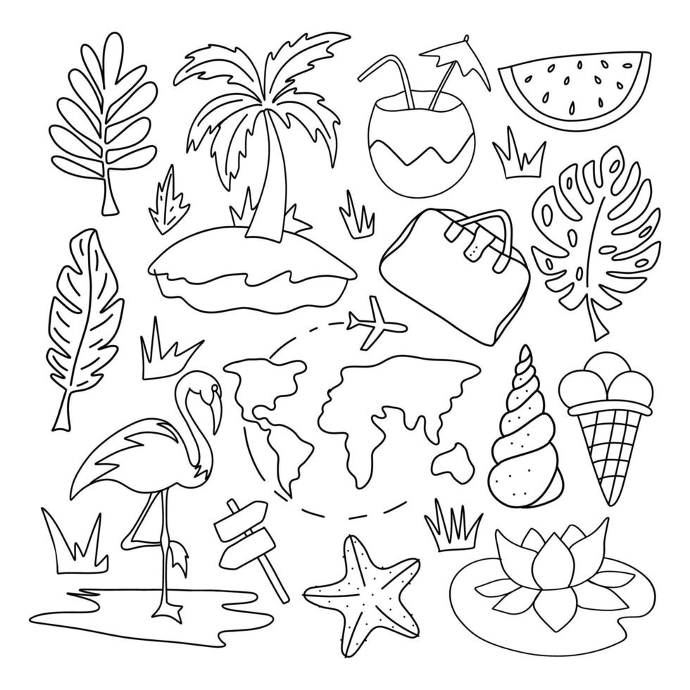 uppsättning av sommar strand element i hand dragen klotter stil. ClipArt samling av saker för fritid. flamingo, is grädde, handflatan träd, pekare, skal, vattenmelon, cocktail, väska, Karta. vektor illustration