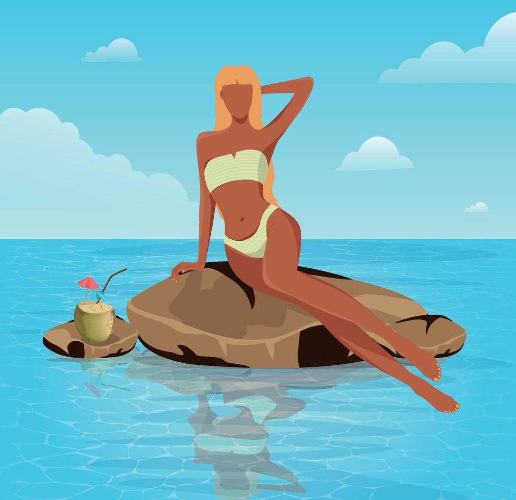 Digitale Illustration eines schönen schlanken blonden Mädchens in einem Bikini, das sich im Urlaub in einem Resort ausruht, das auf einem Stein mit einer Kokosnuss posiert vektor