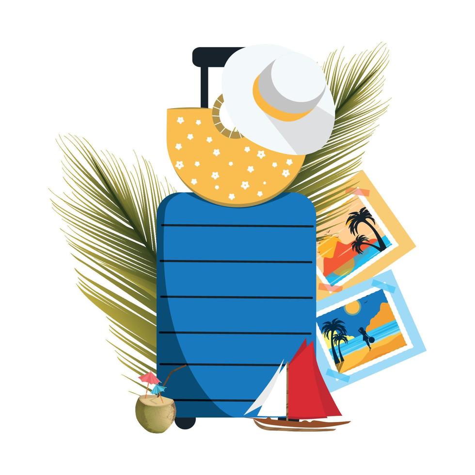 vektor illustration värld turism dag begrepp för semester resa till tropikerna resväska handflatan hatt