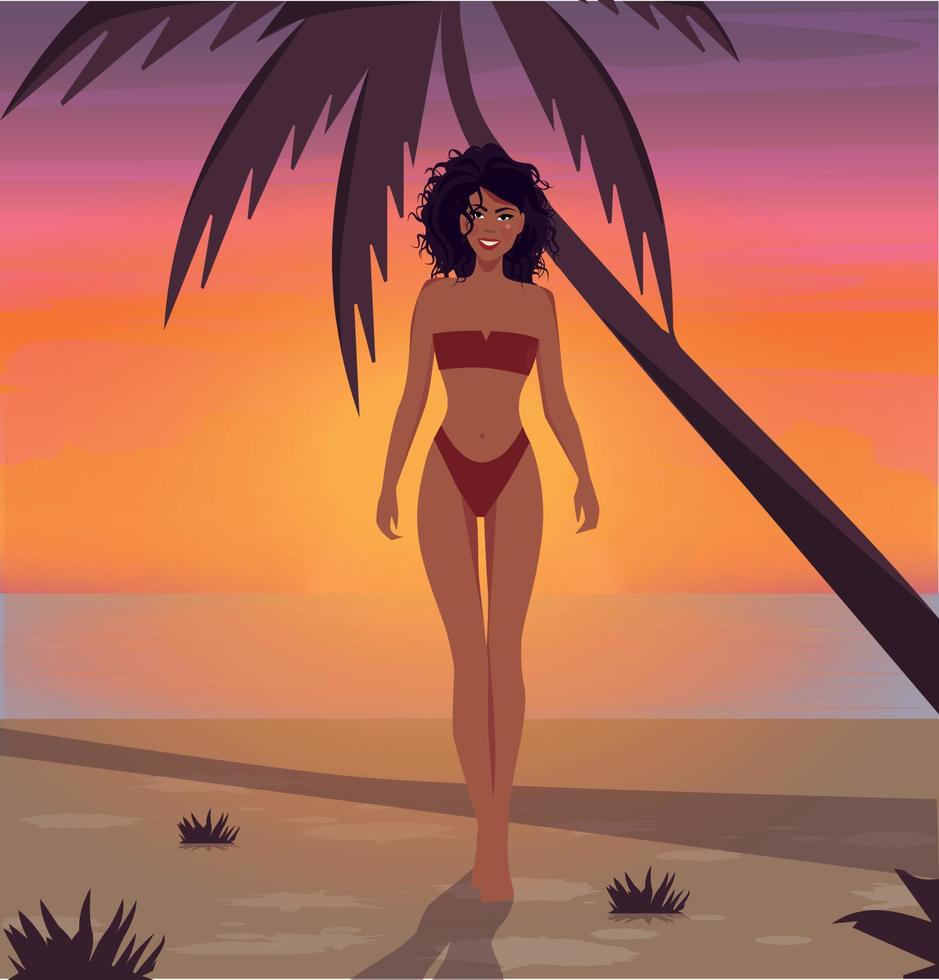 digital illustration av en skön flicka på semester möter de solnedgång under en handflatan träd förbi de hav vektor