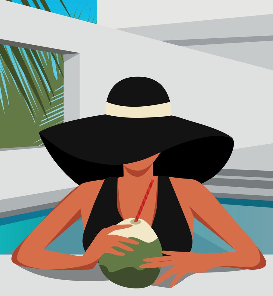 vektorillustration eines mädchens in einem hut im sommer im urlaub schwimmt, sonnt und trinkt kokosnusssaftcocktail am pool vektor