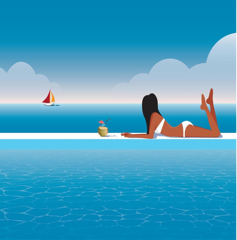 Vektor-Illustration Mädchen im Urlaub in den Tropen exotisch ruht und sonnt sich am Pool trinkt einen Kokosnuss-Cocktail schaut auf das Meer und das Boot vektor
