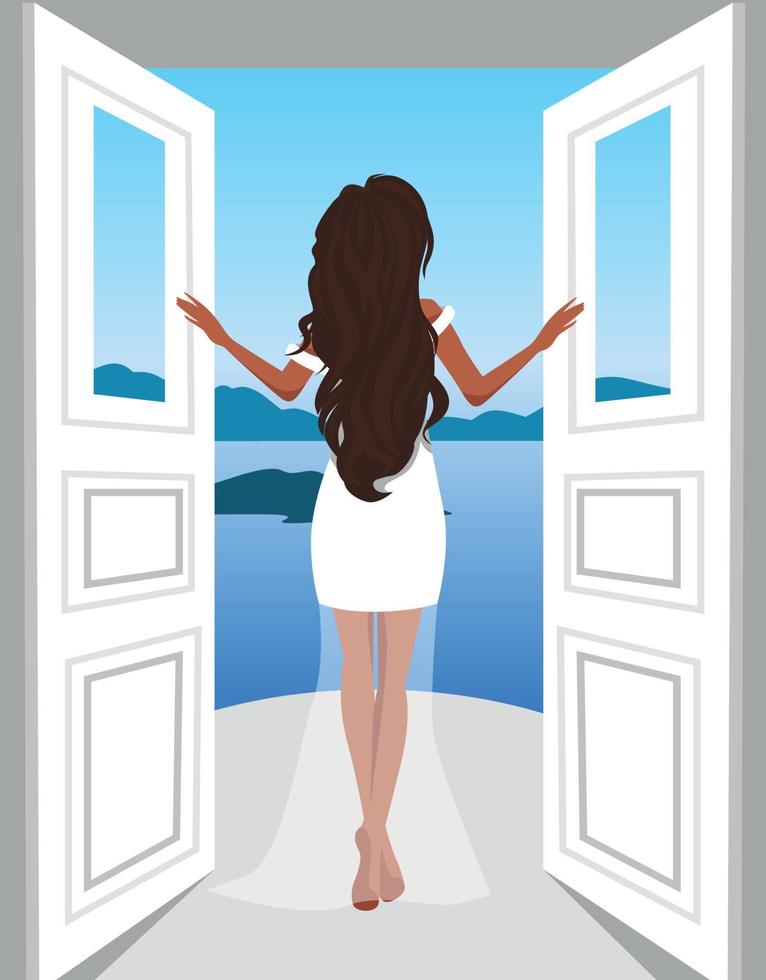 Vektorillustration Mädchen im Urlaub auf dem Balkon der Villa öffnet die Tür und blickt auf das Meer vektor
