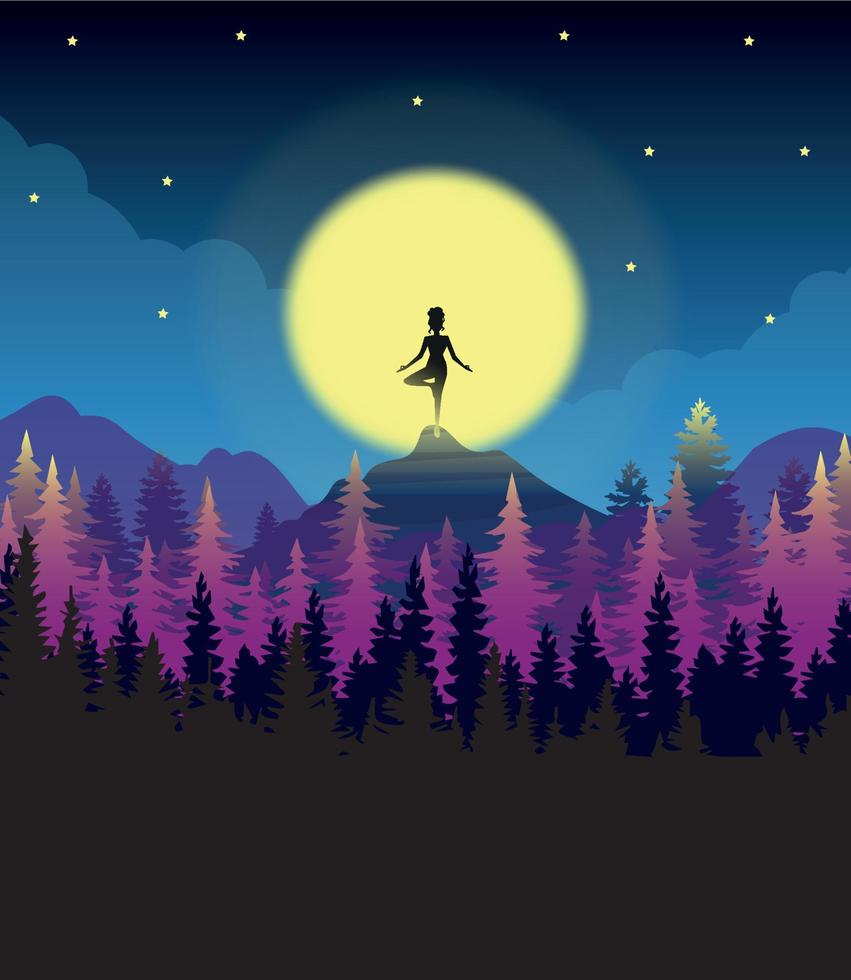 vektorillustration einer hellen gesättigten natürlichen abendnachtlandschaft ein mädchen beschäftigt sich mit yoga und meditation auf einem berg vor dem hintergrund eines großen hellen mondes vektor