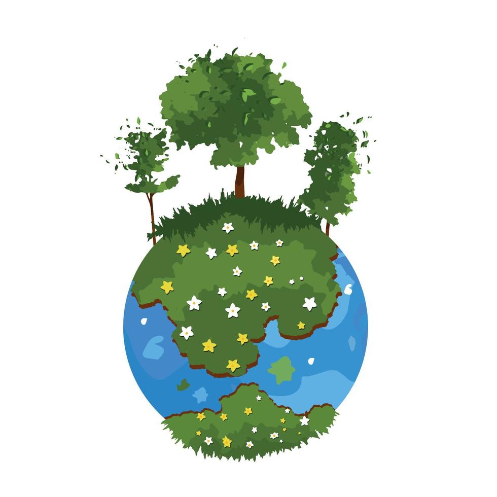 Vektor-Illustration Weltkarte Erdkugel grüne Tage Planet Globus grüner Planet mit Wildblumen Tag der Erde oder der Umwelt Konzept vektor