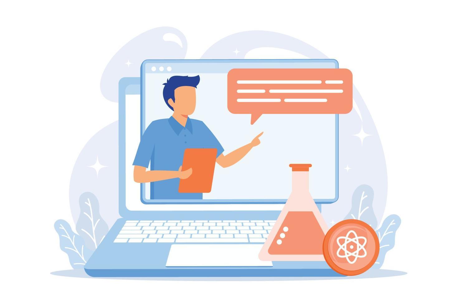 Chemie Online-Unterricht. Biochemiker-Präsentation, naturwissenschaftlicher Unterricht, E-Learning. laborarbeiter-zeichentrickfigur, die pharmazeutische forschungen erklärt. flache Vektor moderne Illustration