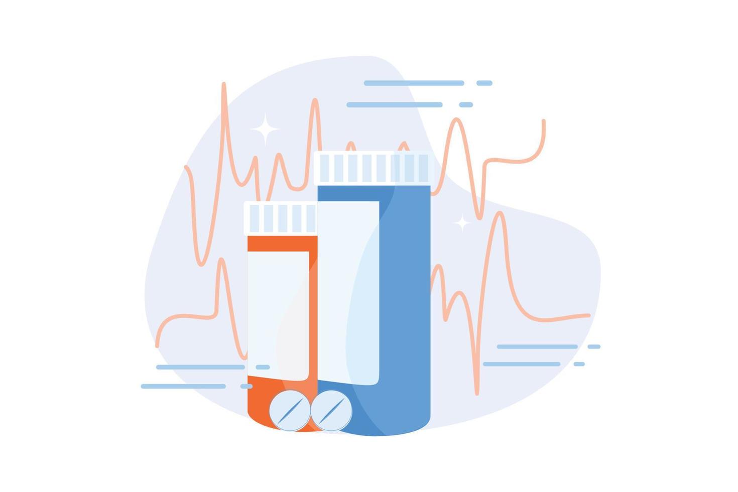 Pillen für Herz, Tablettenflasche. Drogerieprodukte, Gesundheitswesen, Dosierung von Antibiotika. Schmerzmittel, Analgetikum, Beruhigungsmittel auf weißem Hintergrund. flache Vektor moderne Illustration