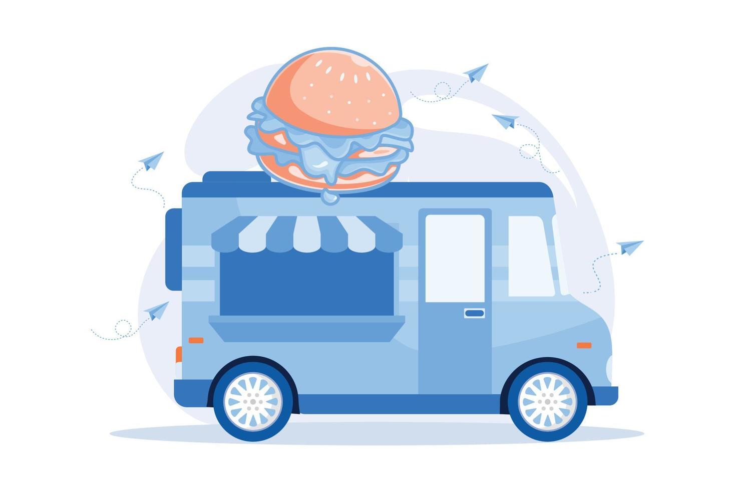 Fast-Food-Truck, Burger-Van. ungesunde Ernährung, Schnellverpflegung. Kleinunternehmen, Fastfood-Einzelhandel, Straßenlokal. Lieferwagen mit riesigem Hamburger darauf. vektor