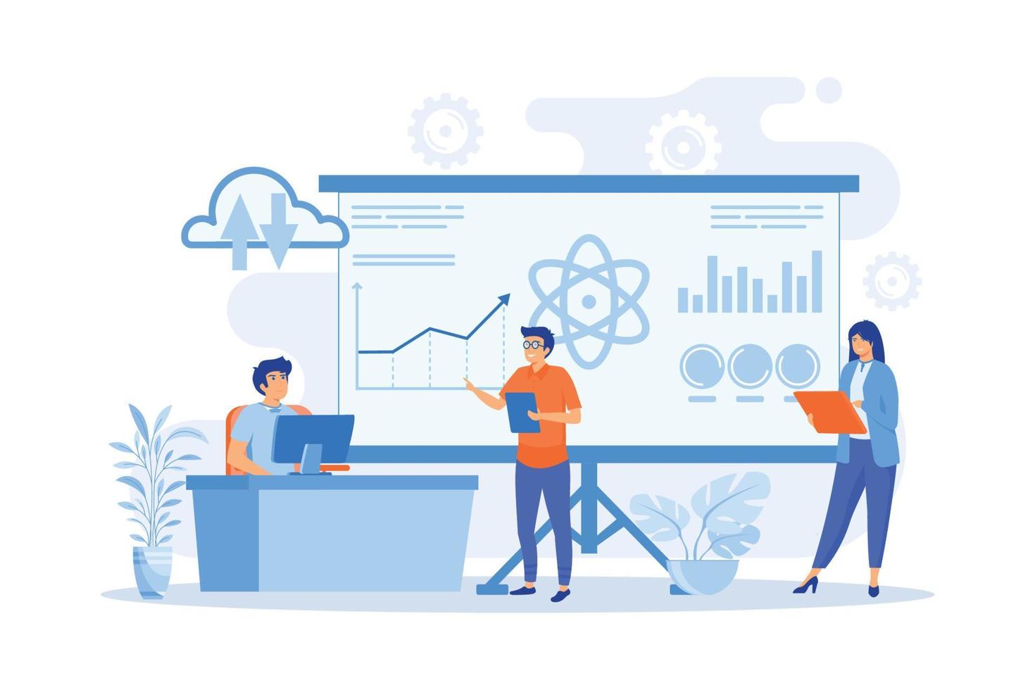 Softwareentwickler, Statistiker, Visualisierer und Analytiker, die an einem Projekt arbeiten. große datenkonferenz, große datenpräsentation, datenwissenschaftskonzept. flache Vektor moderne Illustration