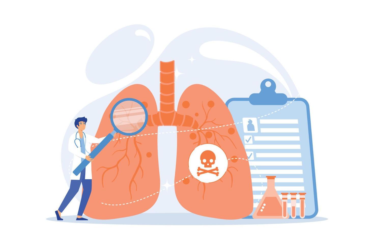 Arzt mit Lupe und Lunge mit Totenkopf. Infektionen der unteren Atemwege, Lungenentzündung, Lungeninfektionskonzept auf weißem Hintergrund. flache Vektor moderne Illustration