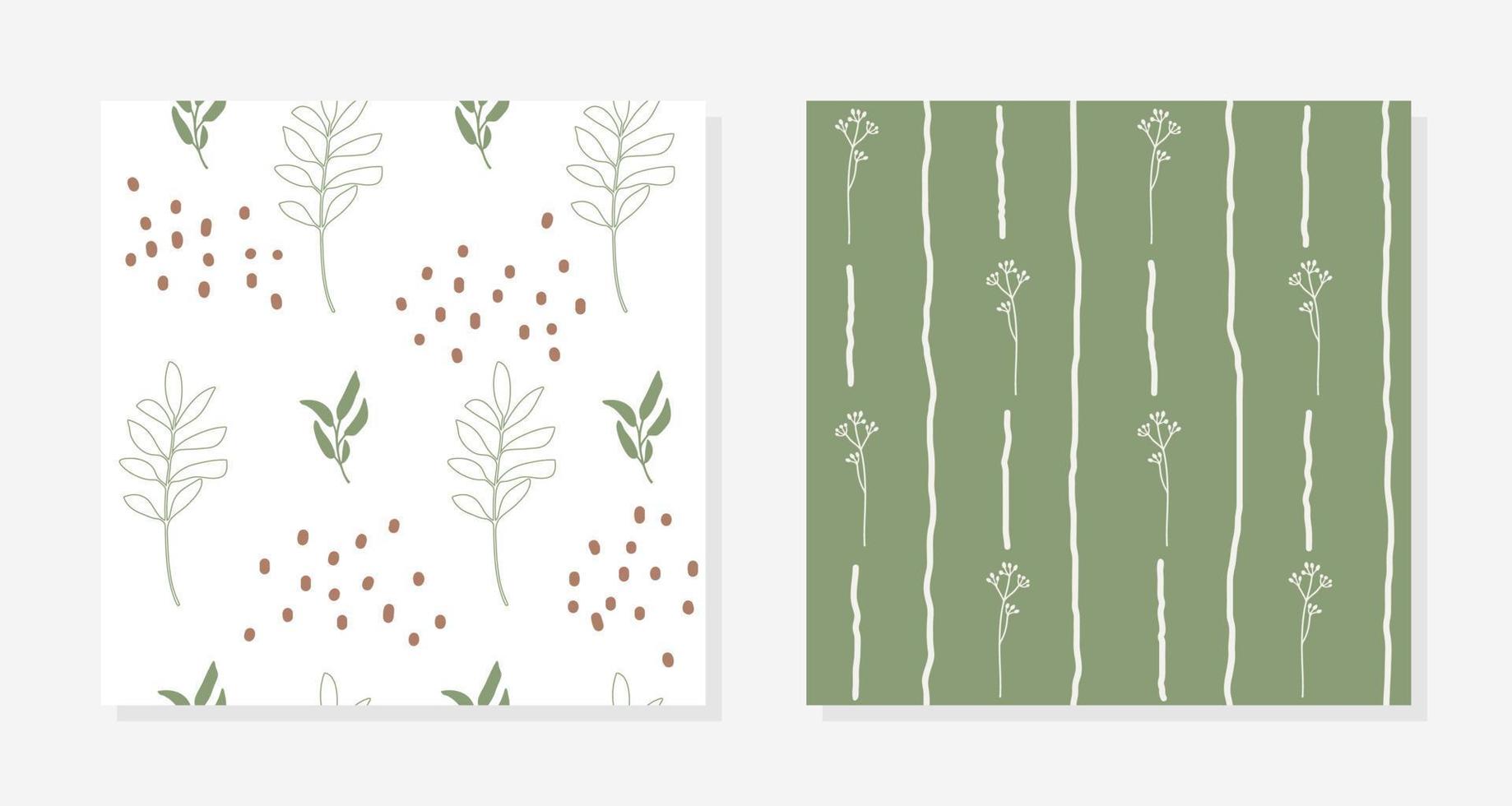 Satz von zwei einfachen handgezeichneten nahtlosen Mustern mit Pflanzen. minimalistischer botanischer hintergrund vektor