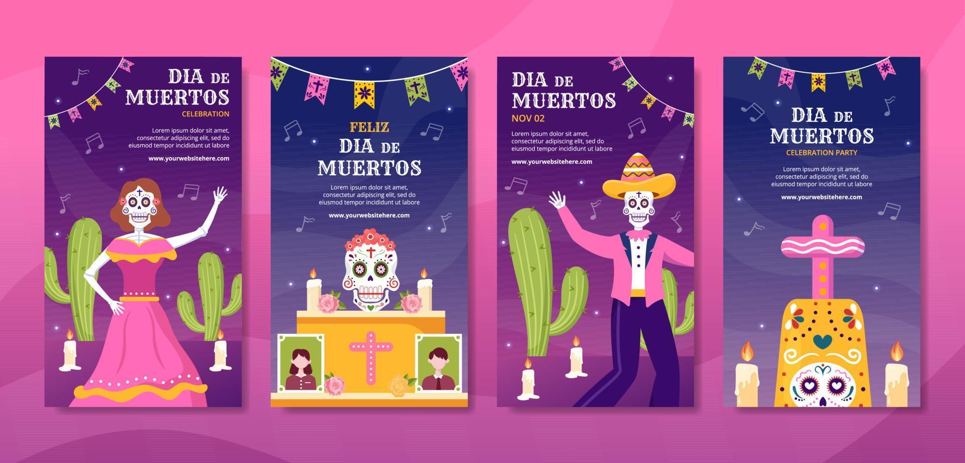 dia de los muertos eller dag av de död- social media berättelser mall hand dragen tecknad serie illustration vektor