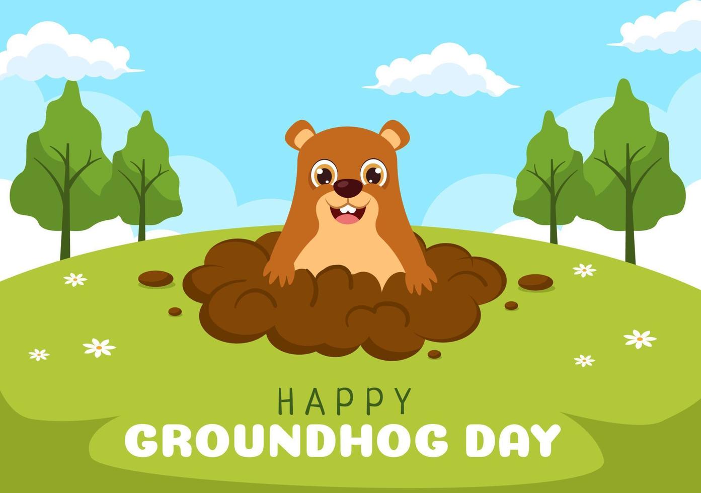 Lycklig groundhog dag på februari 2 med söt murmeldjur karaktär och trädgård bakgrund mall hand dragen tecknad serie platt illustration vektor