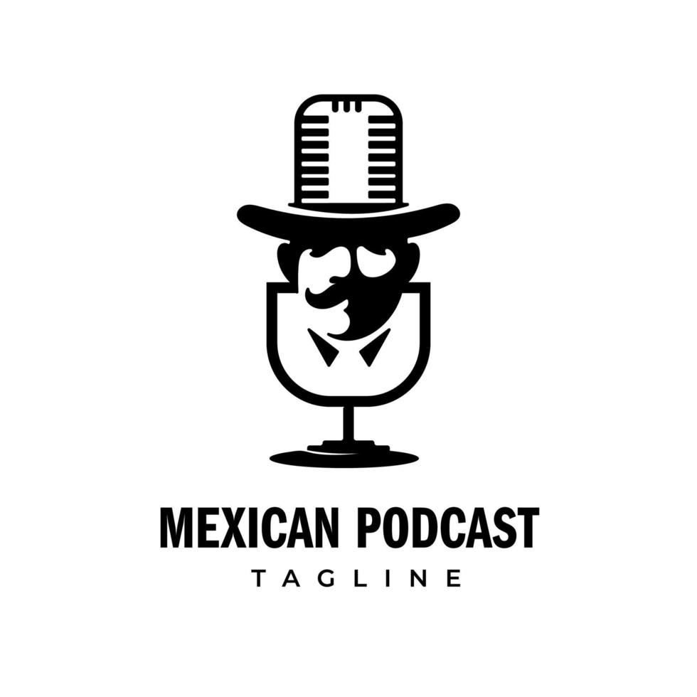 retro mikrofon herre huvud podcast logotyp mall vektor