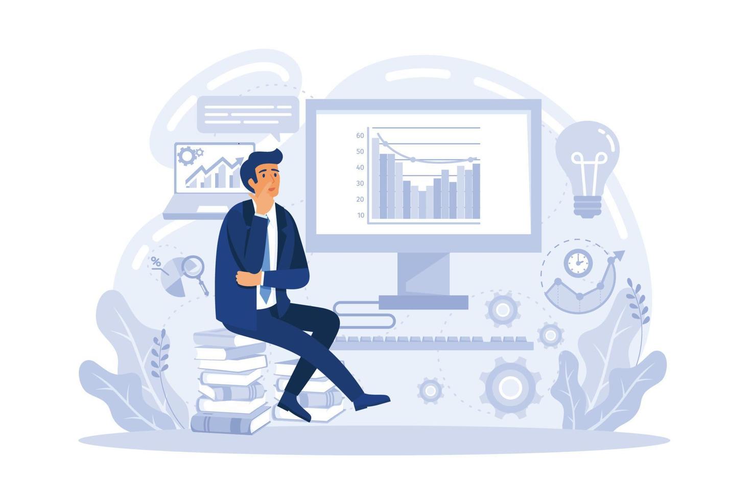 geschäftsleute analysieren und glühbirne. Wettbewerbsintelligenz und Umwelt-, Informations- und Marktanalysekonzept auf weißem Hintergrund. flache Vektor moderne Illustration