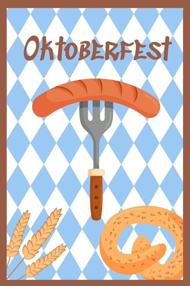 oktoberfest festlig baner bakgrund. gaffel med en korv och pretzel med vete dekoration. Tyskland händelse öl festival. inbjudan kort mall eller affisch. platt vektor illustration